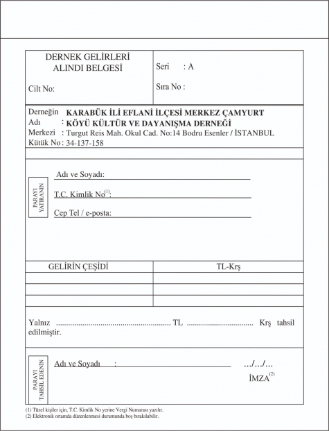 Dernek Gelirleri Alındı Belgesi